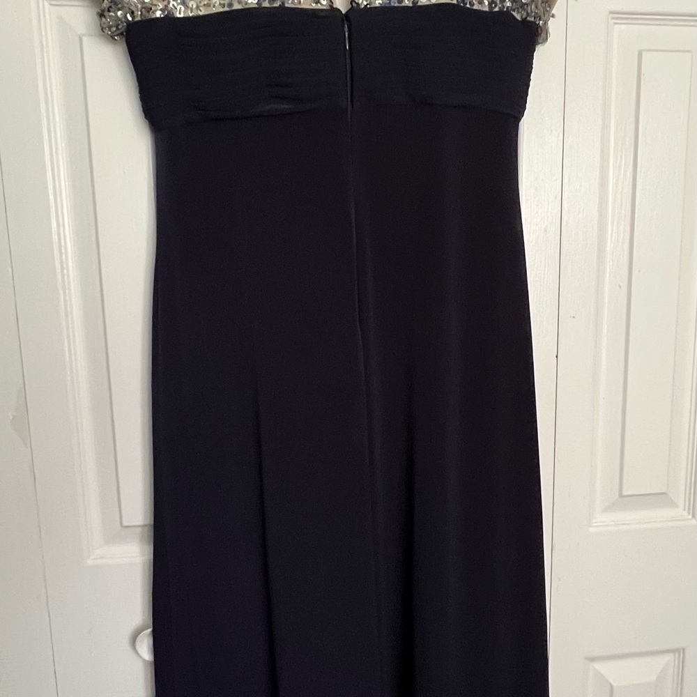 JS Boutique Navy Gown with Silver Sequin Cap Sleeves - Picture 3 of 15